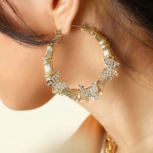 Large Gold Toned 3D Rhinestone Butterfly Textured Hoop Pierced Earrings
